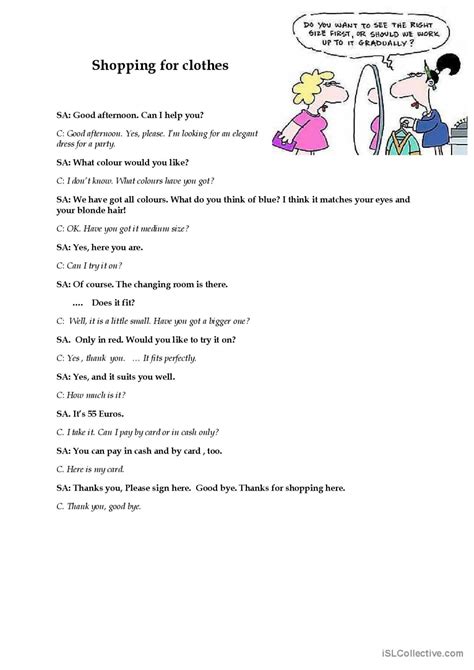 Shopping For Clothes Dialogue Sample English Esl Worksheets Pdf Doc