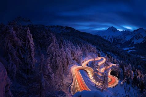 Time Lapse Photography Forest Landscape Mountain Night Road Snow