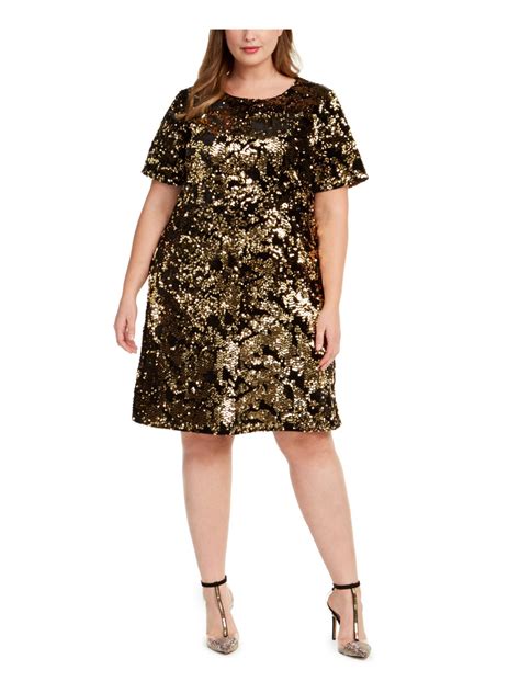 Inc 129 Womens New Gold Sequined Short Sleeve Shift Dress 2x Plus Bb