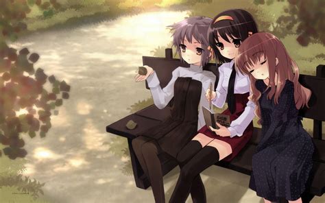 1360x768 Resolution Three Female Anime Characters Sitting On Bench Hd