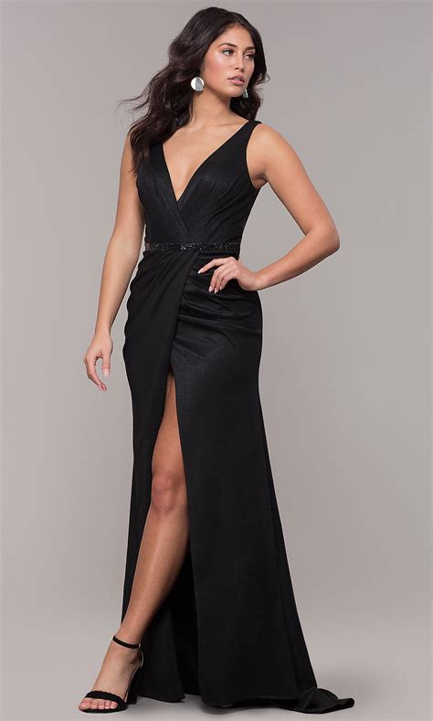 Long Black Shimmer Faux Wrap Prom Dress Promgirl