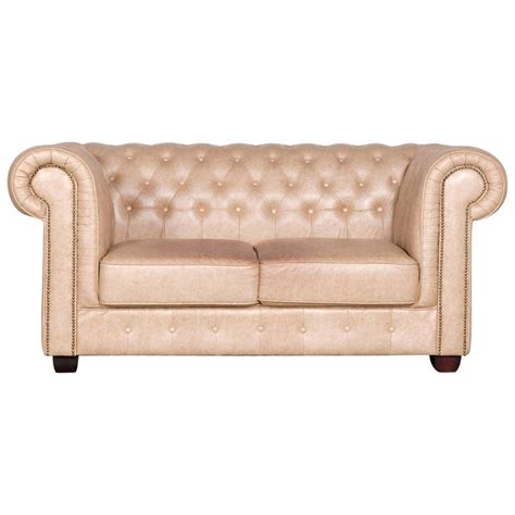 Chesterfield Faux Leather Sofa Beige Two Seat Couch Vintage Retro For