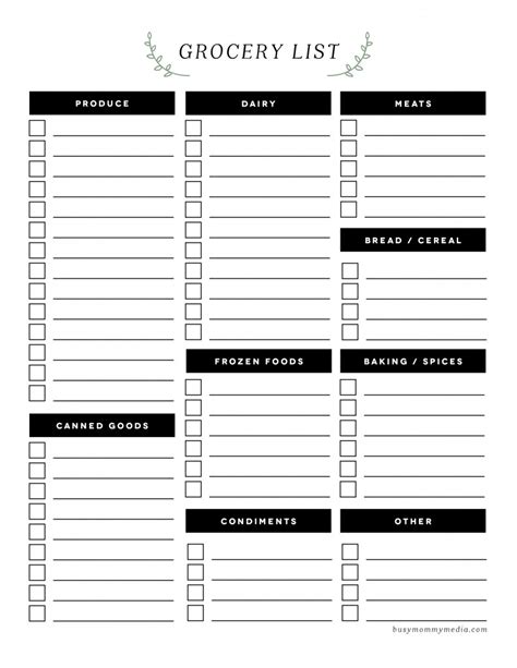 free printable grocery list