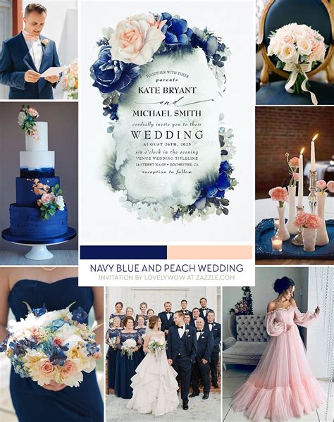 Navy Blue And Soft Peach Floral Boho Wedding Invitation Navy Peach