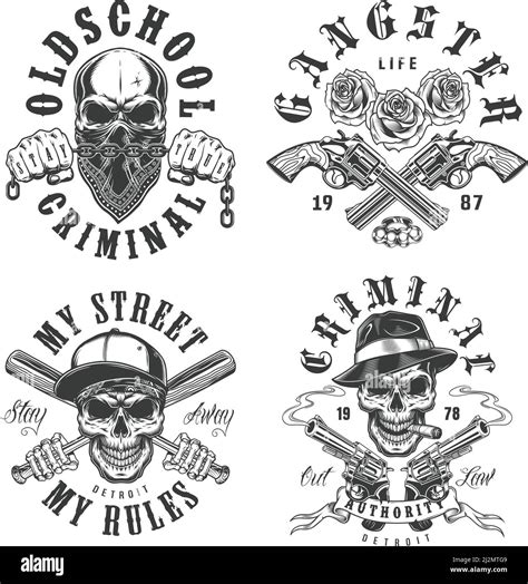 Set Of Gangster Emblems In Monochrome Style Vector Illustration Stock