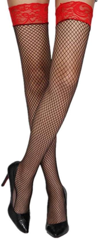 Sexy Black Fishnet Stockings Hold Ups With Red Floral Lace Band Size 8