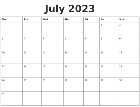 July 2023 Blank Calendar Template