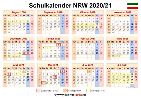 Das jahr 2021 hat 52 kalenderwochen und beginnt am freitag, den 1. Schulkalender 2020/2021 NRW für PDF