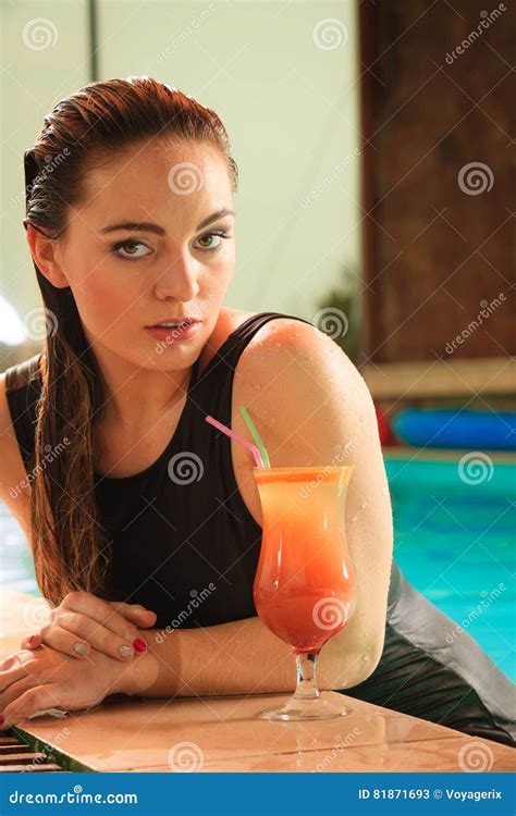 Woman With Cocktail Drink At Swimming Pool Edge Stock Image Image Of