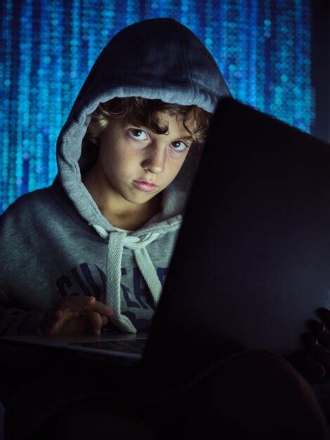 Premium Photo Serious Hacker Kid In Hoodie Typing On Laptop On