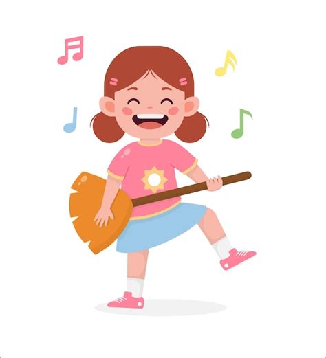 Premium Vector Cute Little Girl Play Guitar Sing A Song Illustration
