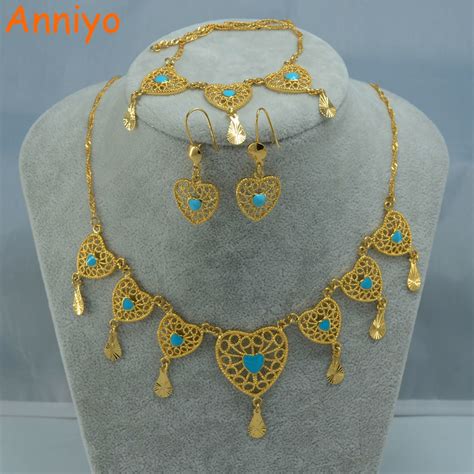 Anniyo Arab Gold Color Set Jewelry Wedding Bridal Necklace Bracelet Earrings Middle East Heart