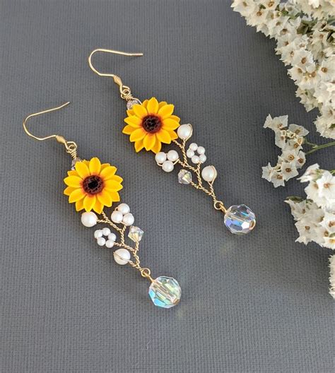 Sunflower Bridal Jewelry Sunflower Earring Sunflower Pearl Etsy