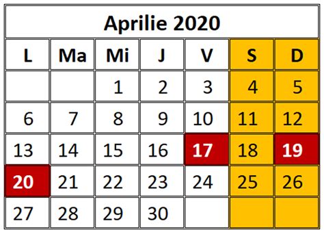 Calendar 2020 Romania Sarbatori Legale