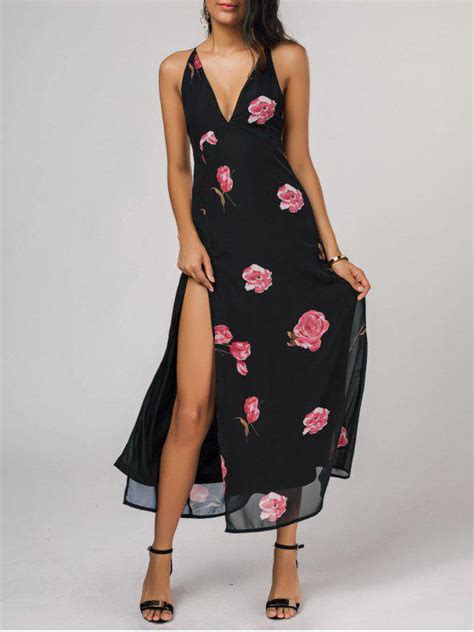 35 Off 2021 High Cut Plunging Neck Floral Maxi Dress In Black Zaful