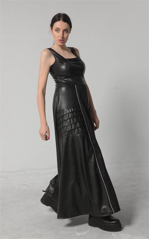 Black Leather Dress Long Leather Dress Fit And Flare Dress Etsy