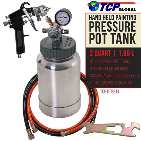 Tcp Global 2 Quart Paint Pressure Pot With Spray Gun And 5 Foot Air And