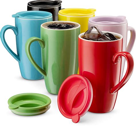 Mitbak 6 Pack Ceramic Coffee Mug Set With Lids 16 Ounce