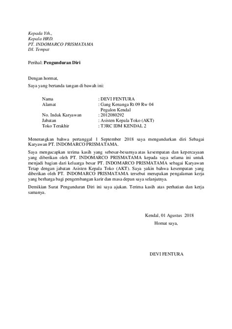 Contoh Surat Pengunduran Diri Pt Indomarco Prismatama Kumpulan Contoh