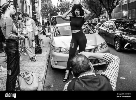 new york new york usa 11th sep 2022 model poses on a lower east side nyc street before a
