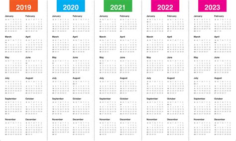 Year 2019 2020 2021 2022 2023 Calendar Vector Design Template Stock