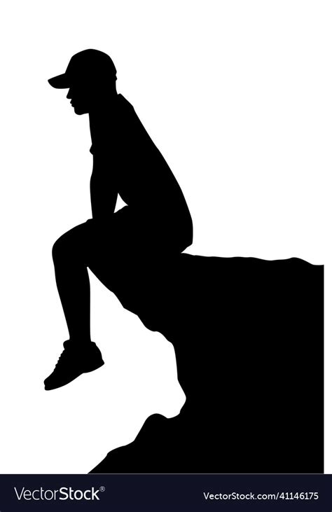 Lonely Man Is Sitting On The Cliff Silhouette Vector Image