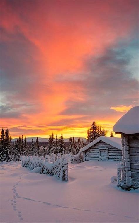 Homestead In The Snow With Stunning Glowing Sunset Would