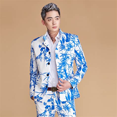 Excellent Chinese Style Mens Zhongshan Suit Bamboo Dragon Blue And