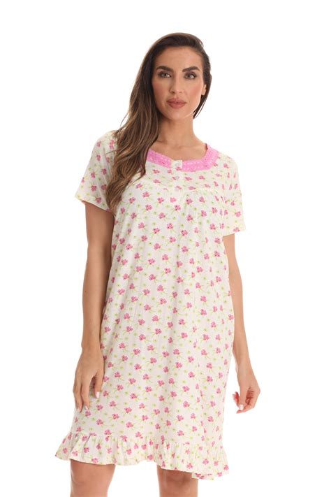 Dreamcrest 100 Cotton Short Sleeve Nightgown For Women With Lace Trim Cream With Pink Flowers