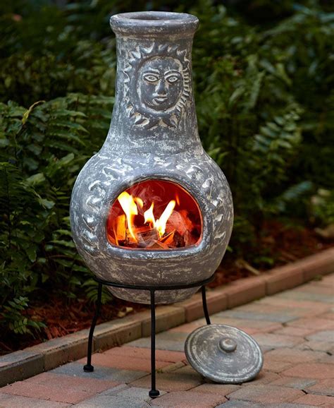 Stone Gray Rustic Sun Face Outdoor Clay Chiminea Patio Fire Pit With