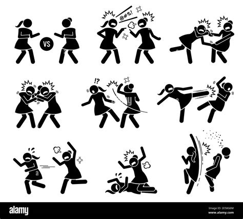 Girls Fighting In A Cat Fight Stick Figure Vector Illustrations Of