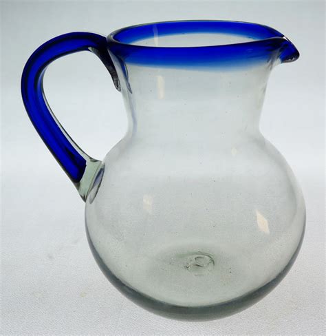 Pitcher Blue Rim Mexican Bubble Glass Recycled Glass