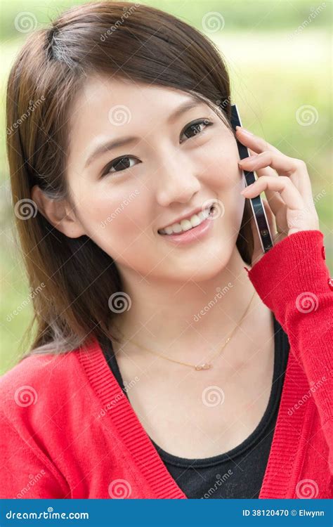 Smiling Asian Young Woman Take A Call Stock Photo Image Of Attractive