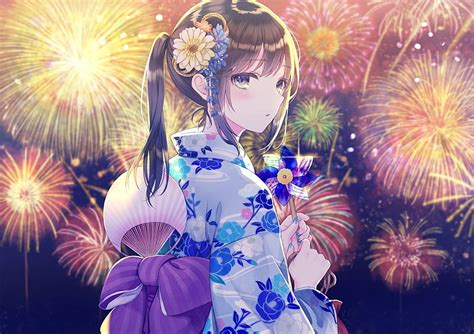 Yukata Fireworks Teary Eyes Happiness Anime Girl Festival Anime