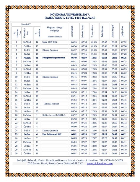 Vaktija Prayer Schedule Nov2017 Bošnjački Islamski Centar Hamilton
