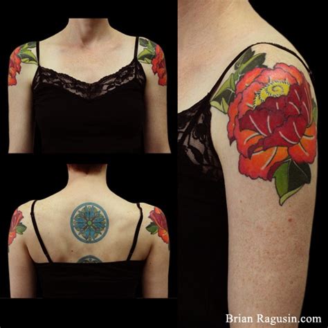Double Graphic Peony Tattoos By Brian Ragusin Peonies Colortattoo Peonies Tattoo Shoulder