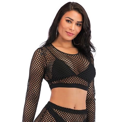 Sexy Sheer Black Mesh Long Sleeves Round Neckline Crop Top Nightclothes