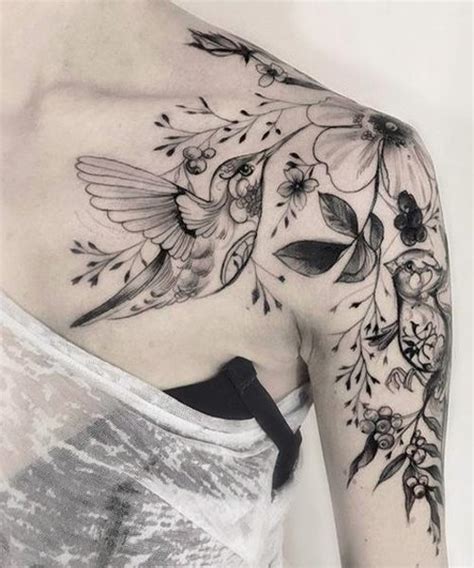 Amazing Hummingbird And Flower Tattoos On Shoulder For