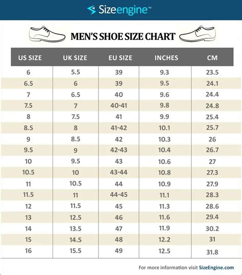 Mens Shoe Size Chart Measurement And Conversion Guide Sizeengine