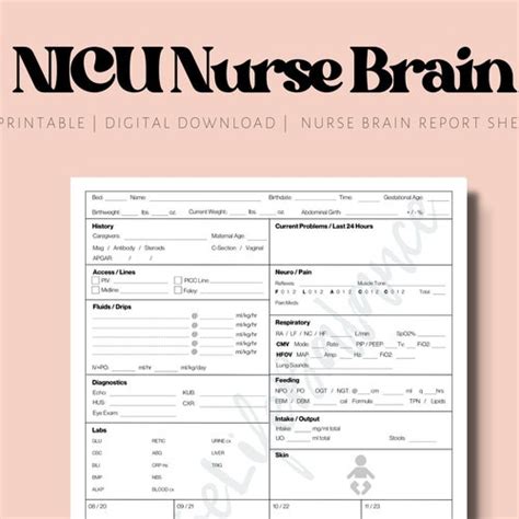 Nicu Nurse Brain Report Sheet Etsy