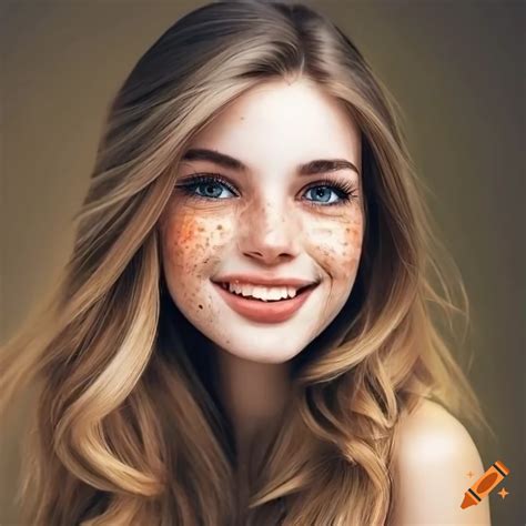 Close Up Portrait Of A Beautiful Young Woman With Freckles And Dark
