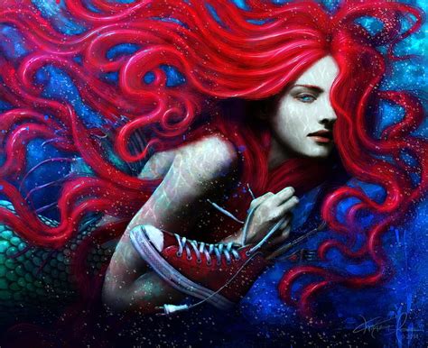 Ariel Red Redhead Sea Fantasy Shoe Blue Art Underwater Mustesielu Luminos Hd