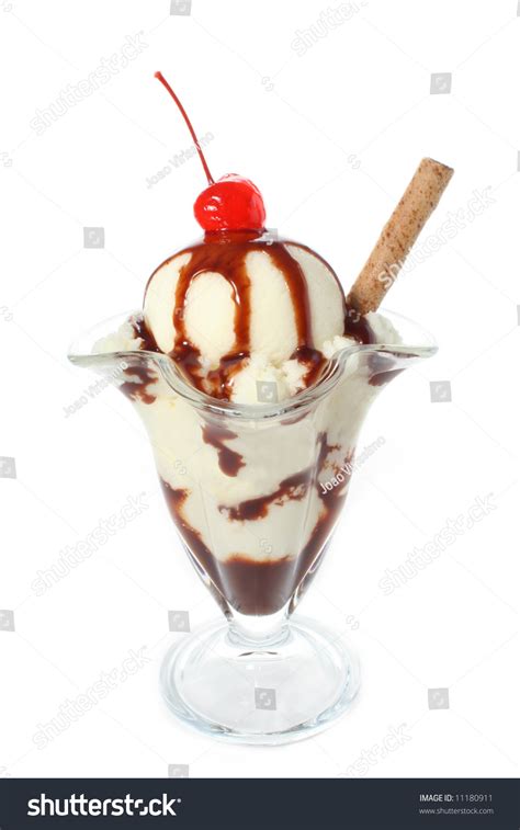 Delicious Vanilla Ice Cream Sundae Topped With Chocolate Sauce Wafer And Maraschino Cherry