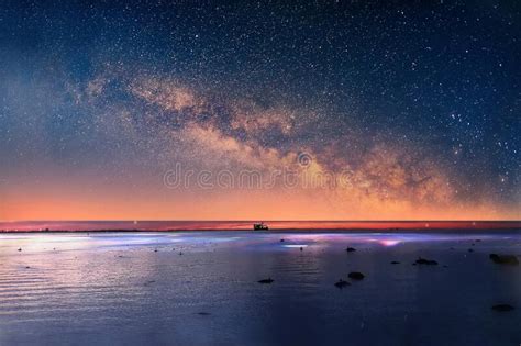 Moon And Starry Sky Sunset At Sea Gold Pink Cloudy Skyline And Water