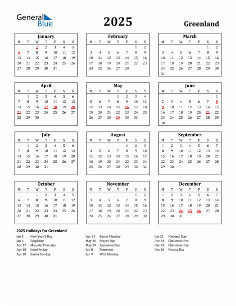 Free Printable 2025 Greenland Holiday Calendar