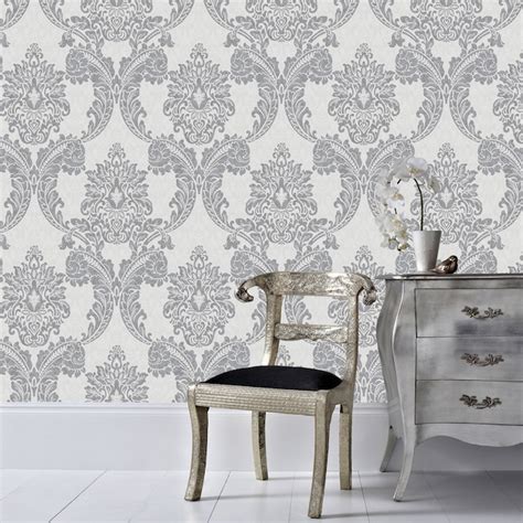 Graham And Brown Palais 56 Sq Ft Gray Vinyl Textured Damask Unpasted