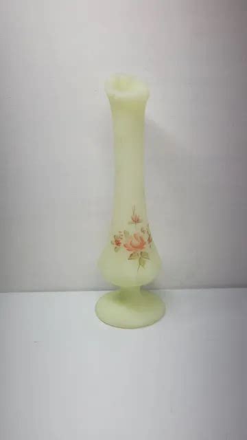 Vintage Signed Fenton Swung Custard Glass Vase Hand Painted Peach Rose Uranium 12 99 Picclick