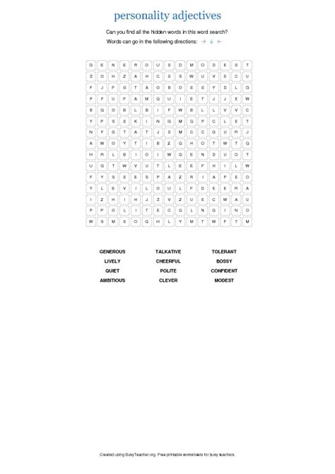 Personality Adjectives Word Search Puzzle