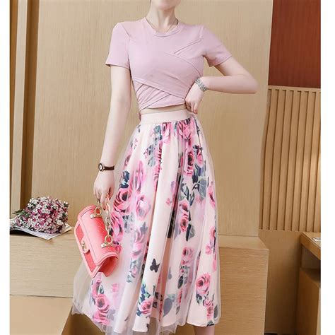 2019 Two Piece Set Women Skirts Mesh Skirts Suits Bowknot Solid Tops Vintage Floral Skirt Sets