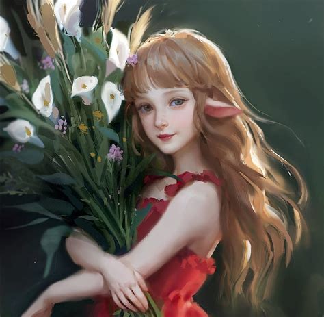 X Px P Free Download Elf Girl With A Bouquet Of Flowers Frumusete Girl Luminos